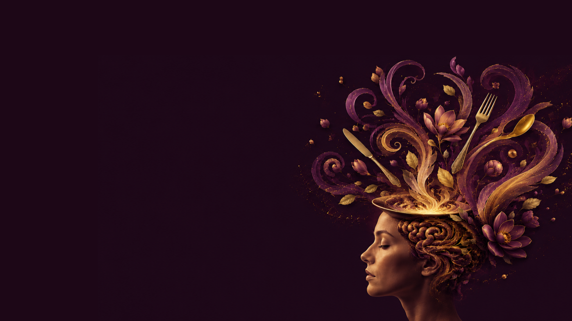 Ilustração surreal de mulher em perfil com prato, cérebro e flores em dourado e púrpura